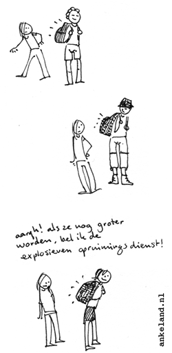 En dan met z'n allen vooraan gaan staan. Voor mijn neus.